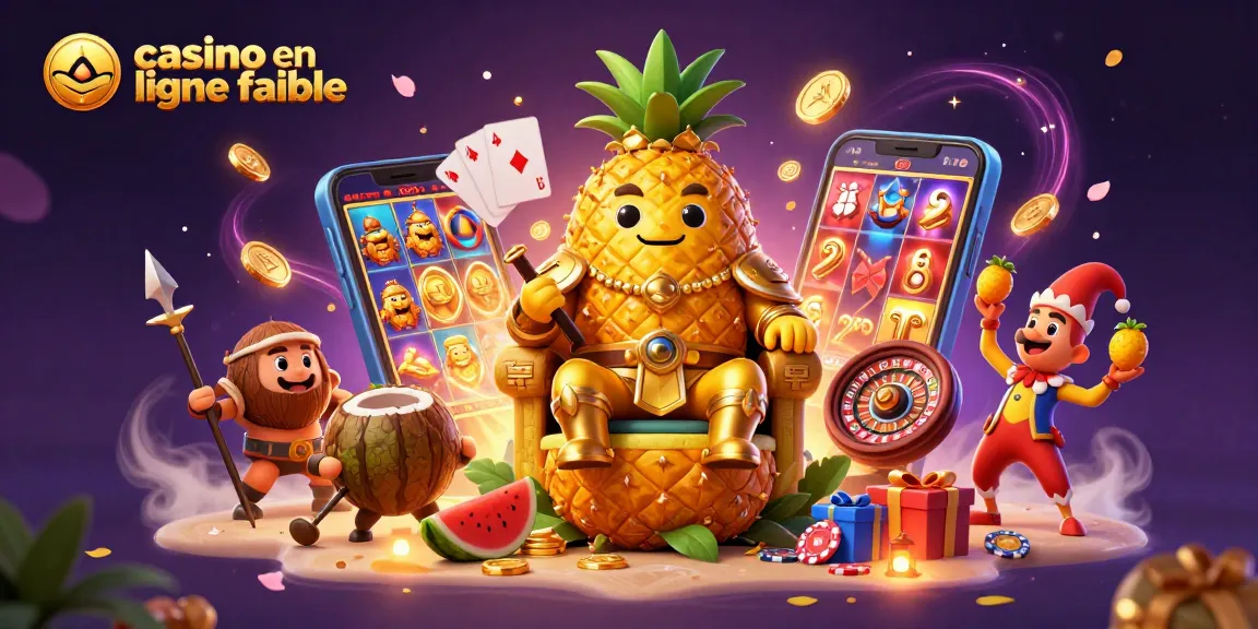 Une illustration animée de casino en ligne fiable mettant en scène le roi ananas sur son trône entouré de garde-cocotier.
