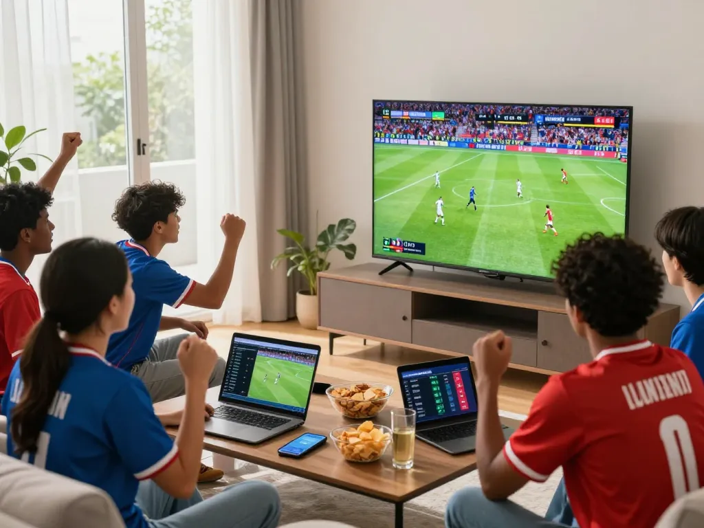 Excited fans enjoying live football match on LuongSonTV in a vibrant setting.