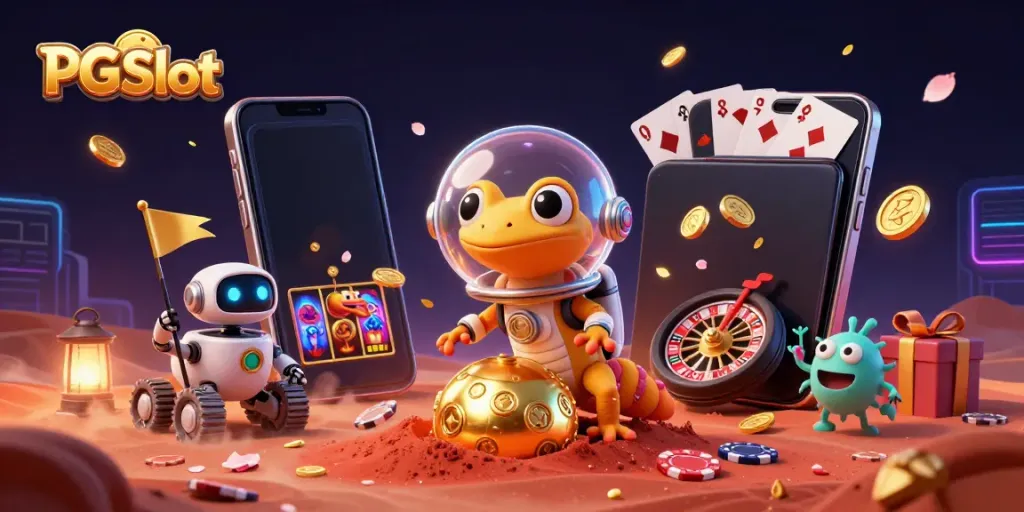 Merayakan PG Slot dengan gecko Mars dan robot, slot permainan dan koin emas berkeliaran.