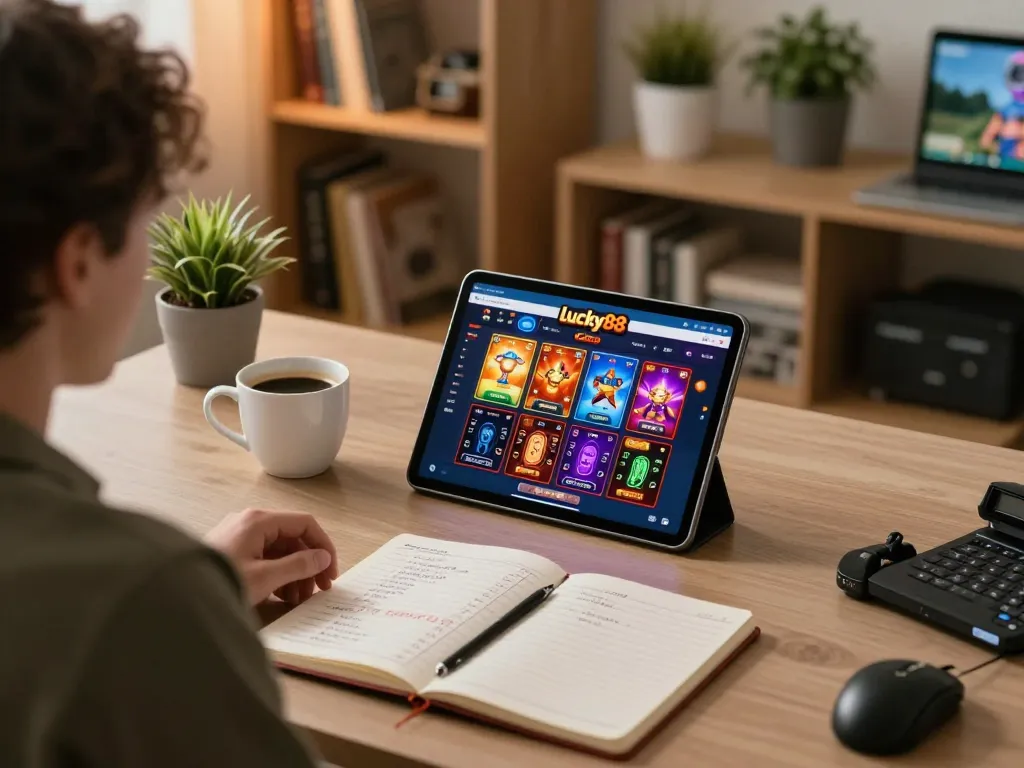 Engaging user playing lucky88 casino on a tablet in a cozy home office