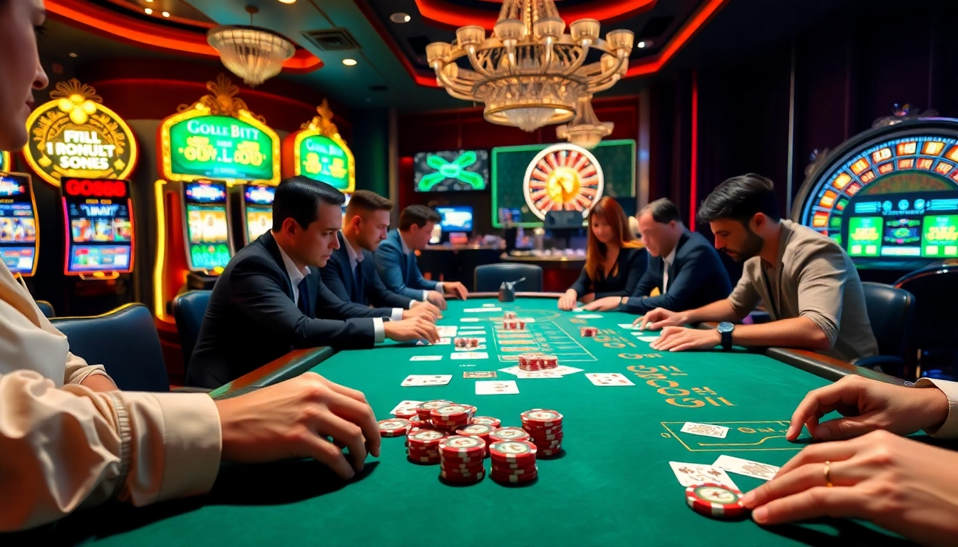 GO88 players enjoying a thrilling poker game with vibrant casino elements.