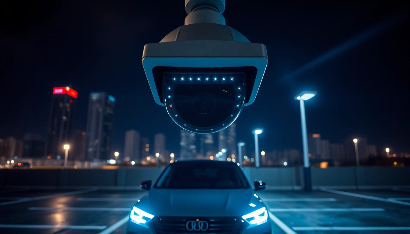 Capture of a license plate recognition camera mounted above a parked vehicle, enhancing security features.