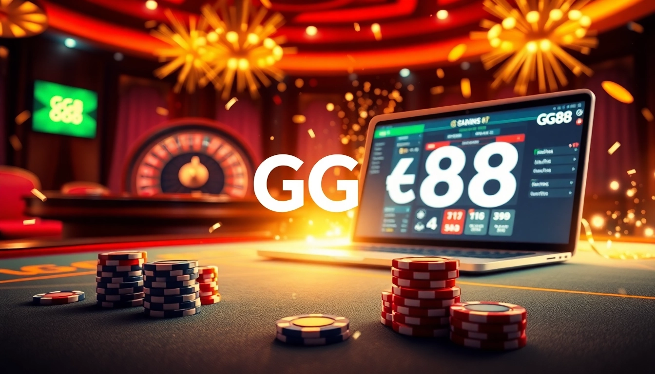 Experience thrilling online gaming with GG 88 amidst a luxurious casino setting featuring poker chips and a roulette wheel.