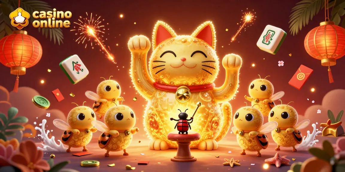 Experience the vibrant world of casino online with a lucky cat and festive symbols in 3D.