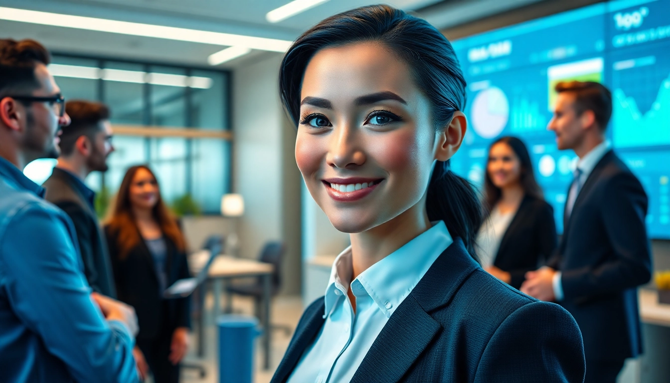 Engaging enterprise AI assistant streamlining operations in a collaborative office environment.