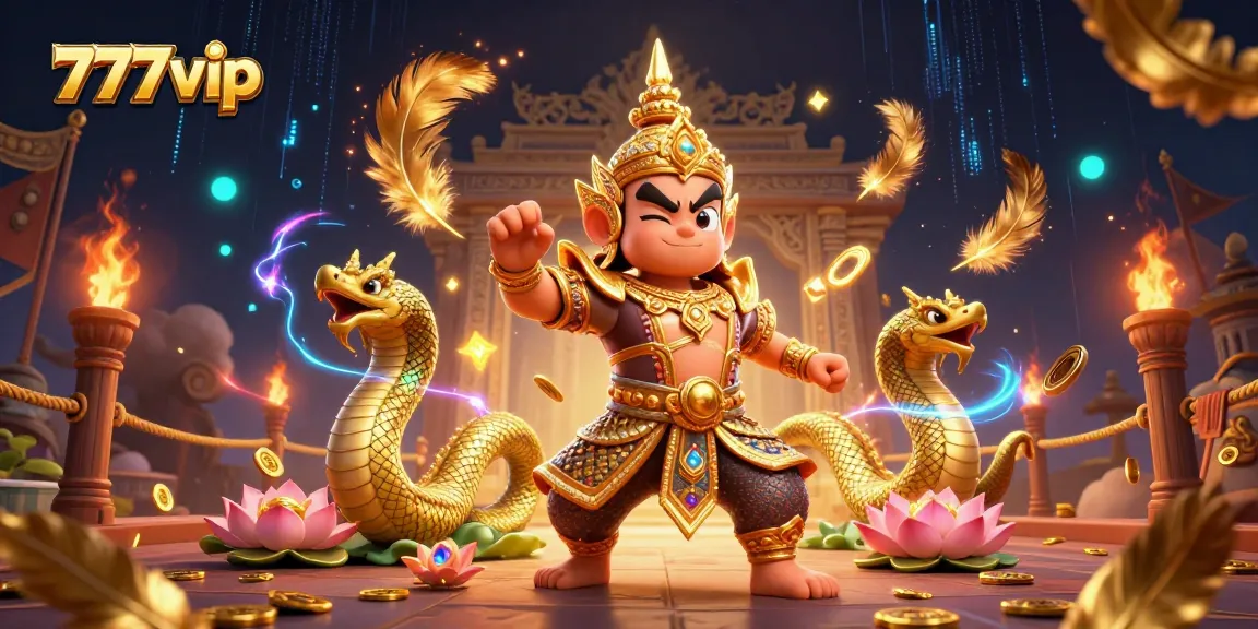 Engage with the exciting 777vip gaming scene featuring guardians and golden Naga in a vibrant casino atmosphere.
