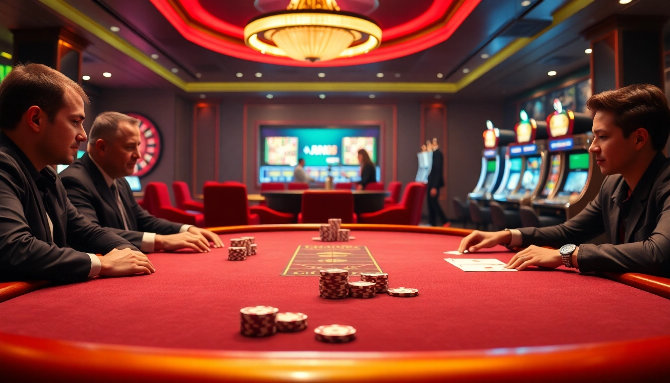 Jun88 offers an exciting poker experience, highlighting seasoned players at a luxurious casino table.