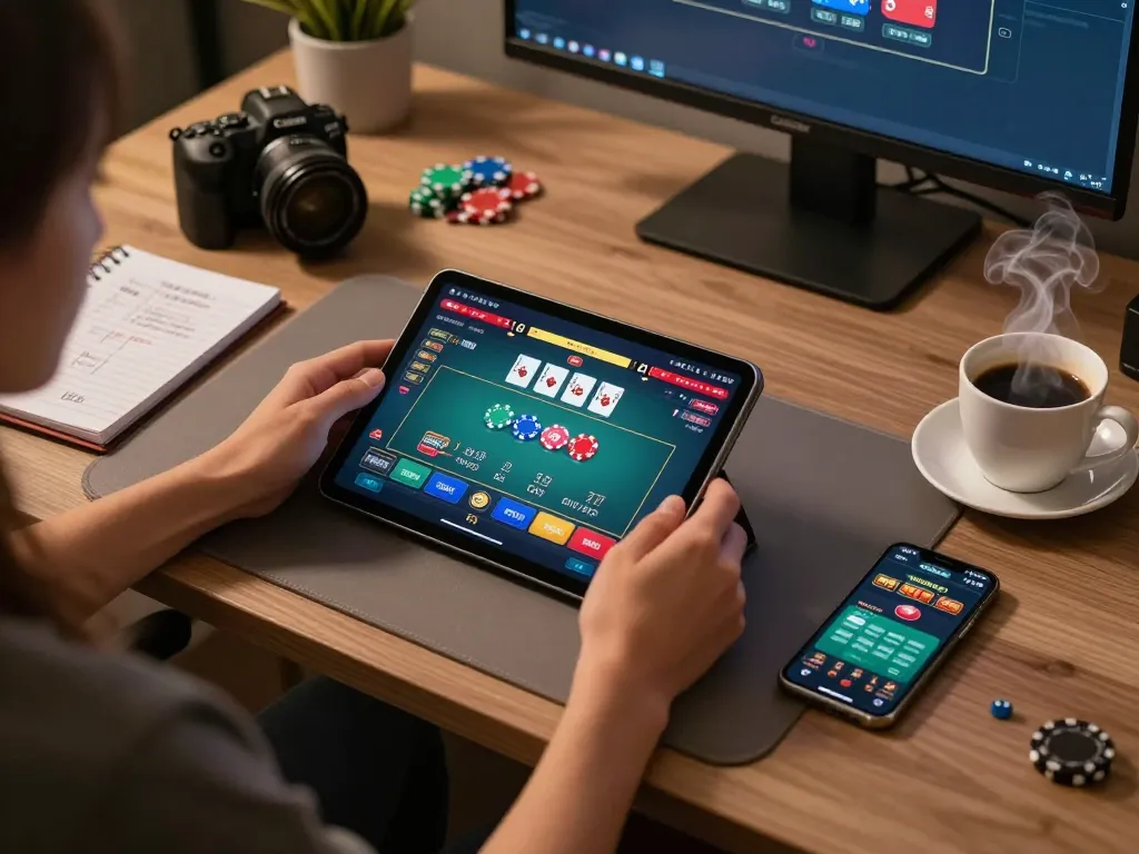 Players enjoying poker at Manclub's online gaming table with chips in action.