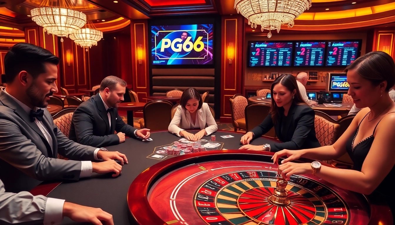 Experience the excitement of gaming at PG66 as players engage with casino tables and vibrant environments.