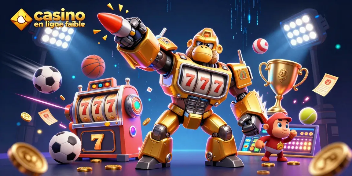 Une illustration dynamique de "casino en ligne fiable" avec un gorille en mécha doré et des éléments de machines à sous.