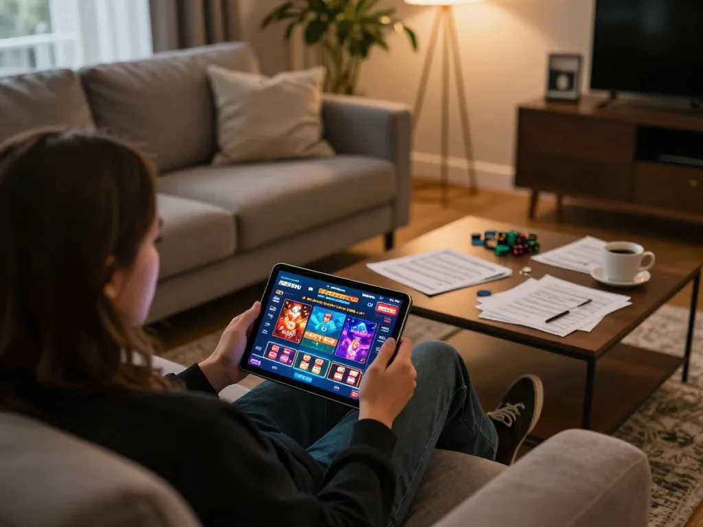 Engaging in online gaming on 888top, a player strategizing on tablet with cozy home setting.