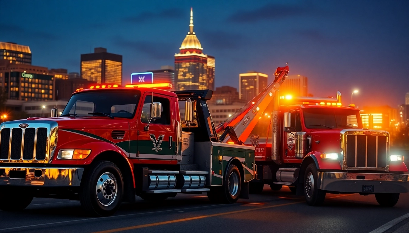 Towing service Nashville TN: Emergency tow truck drivers in action with Nashville skyline backdrop.