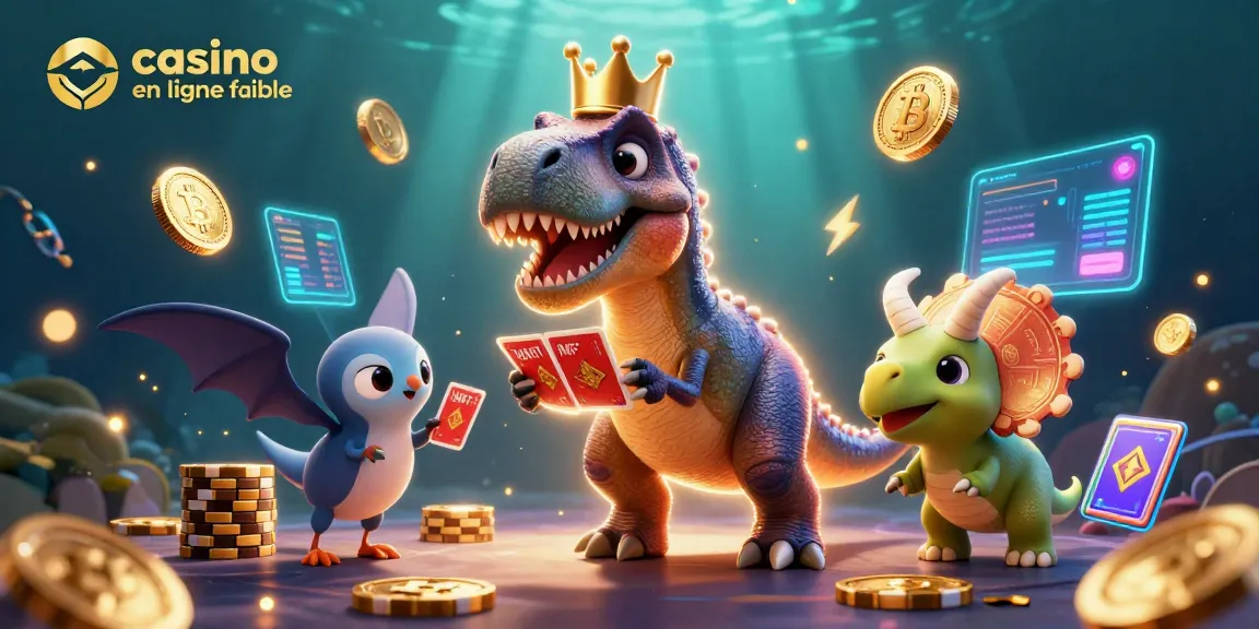 Illustration dynamique illustrant un T-Rex jouant aux cartes dans un casino en ligne fiable, entouré de jetons dorés.