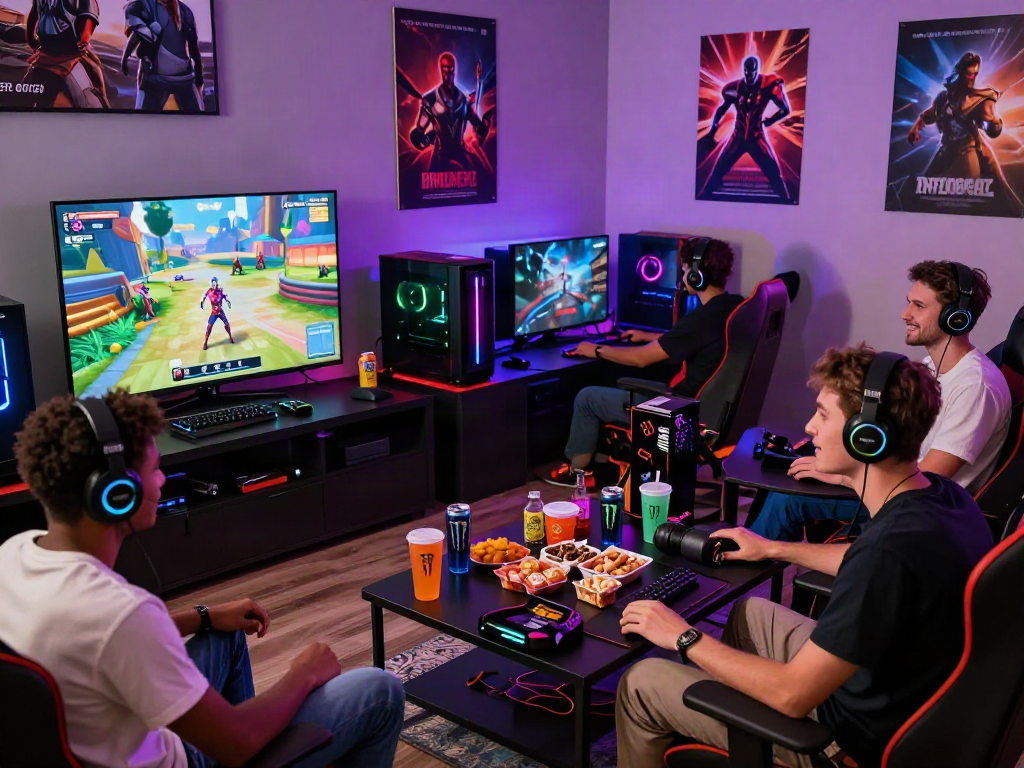 Group of friends enjoying porngames in an inviting gaming lounge with vibrant decor and snacks.