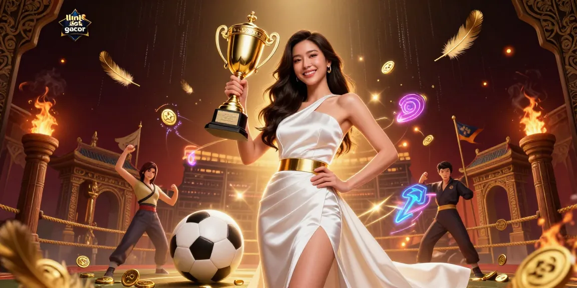 Rasakan kemenangan mendebarkan dengan link slot gacor melalui seorang wanita percaya diri dalam kemewahan yang memegang trofi di tengah elemen taruhan yang berwarna-warni.