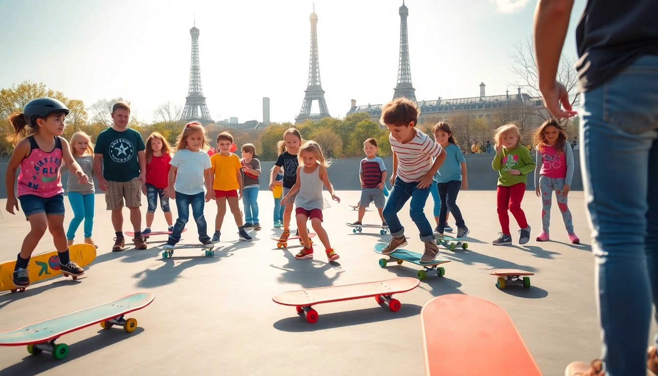Kids engaging in Cours Skateboard Paris, practicing skills in a bright skatepark.