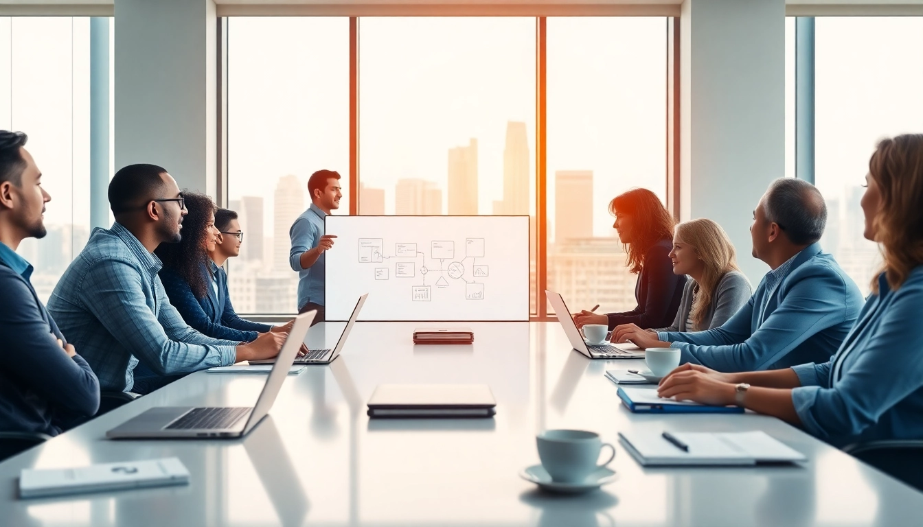 Business team collaborates in a vibrant workspace, showcasing ideas on a digital screen.