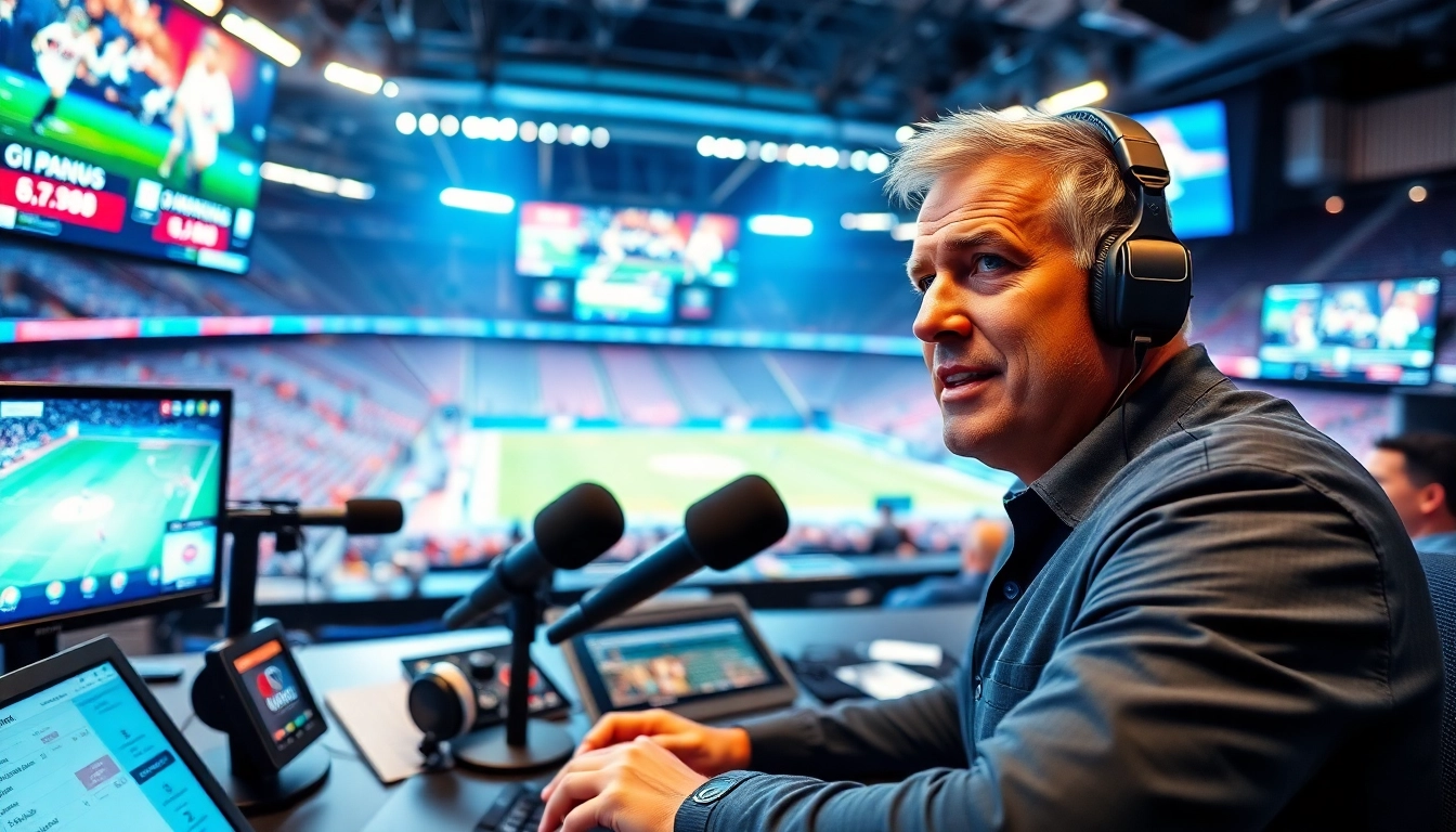Engaging sports broadcasting scene with a lively announcer among vibrant screens.