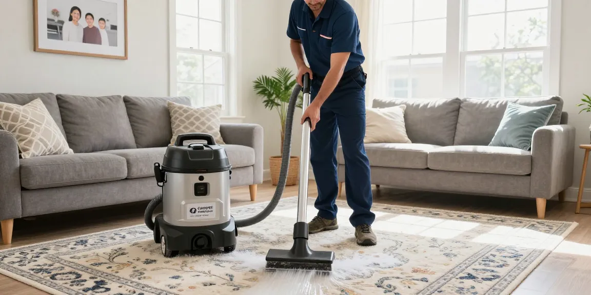 Professional carpet cleaning near me in a bright living room, technician using hot water extraction equipment.