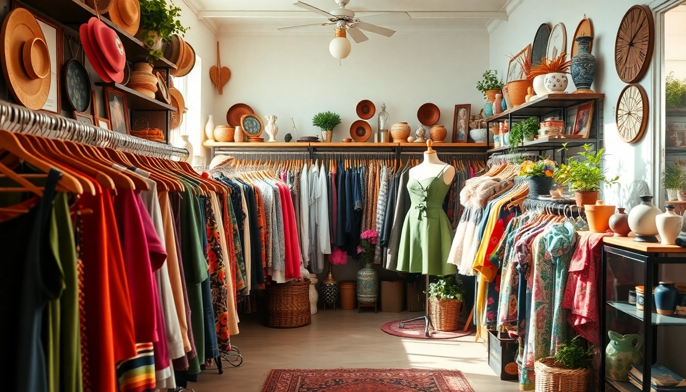 Discover unique treasures in a second hand shop filled with vibrant vintage clothing and accessories.