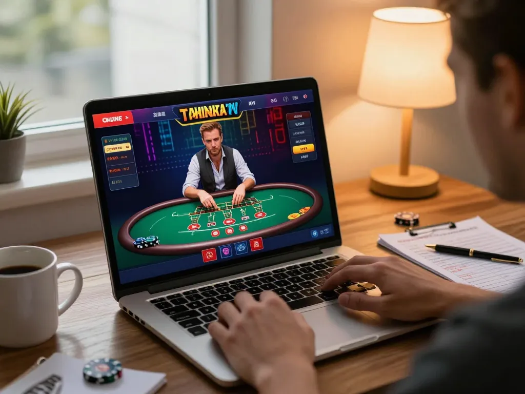 O8 player engaging with live dealer blackjack game on laptop in cozy home office.