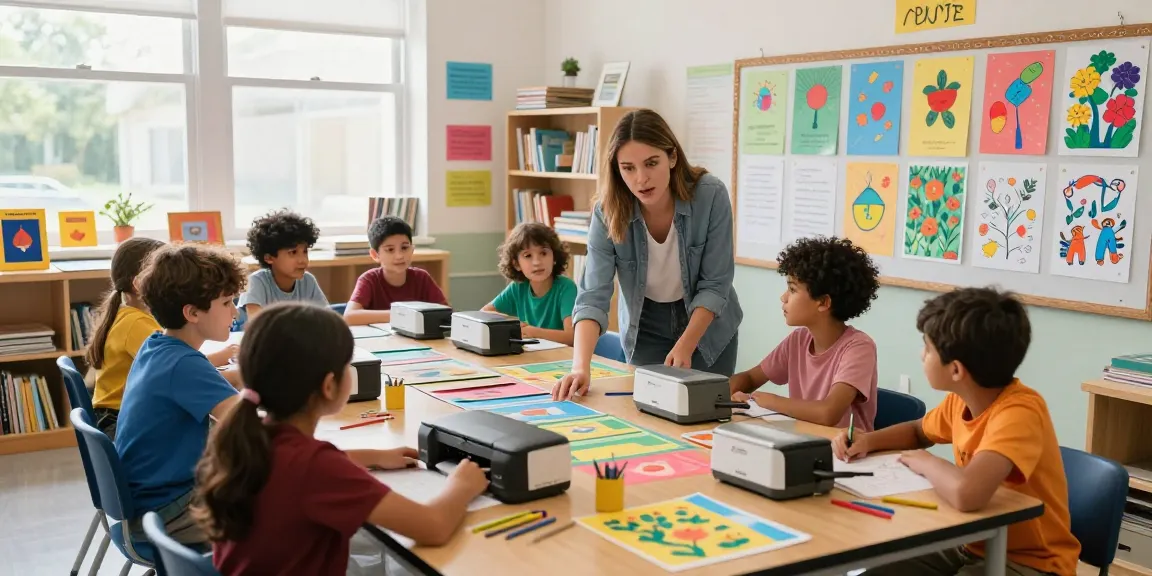 Students using poster printers for schools to create vibrant educational materials in a bright classroom.
