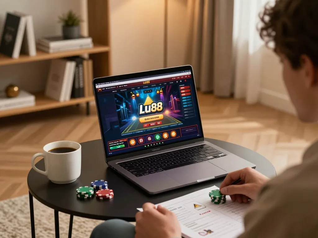 Playing Lu88 casino games on a stylish laptop at home with a cozy atmosphere
