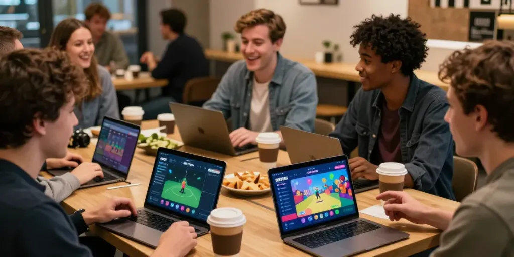 Group of friends engaging with the Dm first app in a vibrant café, showcasing excitement.