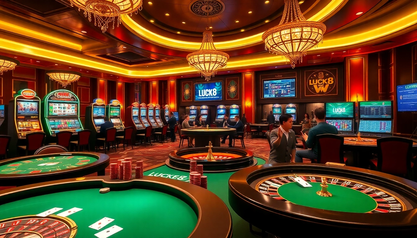 Cảnh chơi LUCK8 với người chơi tại bàn casino và các máy đánh bạc sinh động.