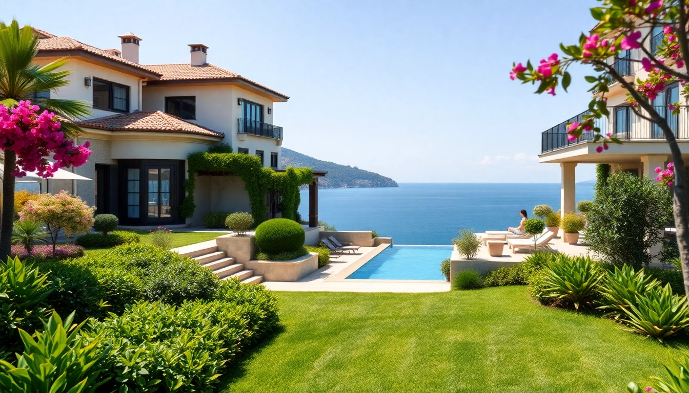 Showcase property for sale in alanya, highlighting luxurious villas with Mediterranean views and lush gardens.