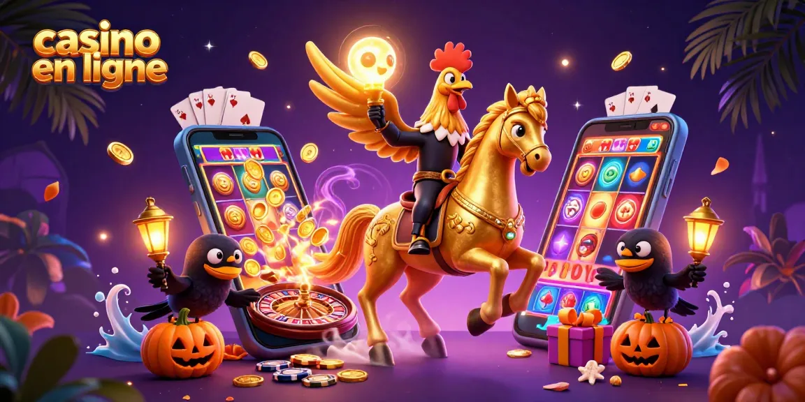 Découvrez un univers de casino en ligne captivant avec un coq doré et des éléments de jeu scintillants.