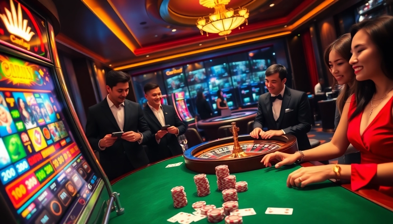 Excited players engaged with Oxplay's vibrant slot machines in a luxurious casino.