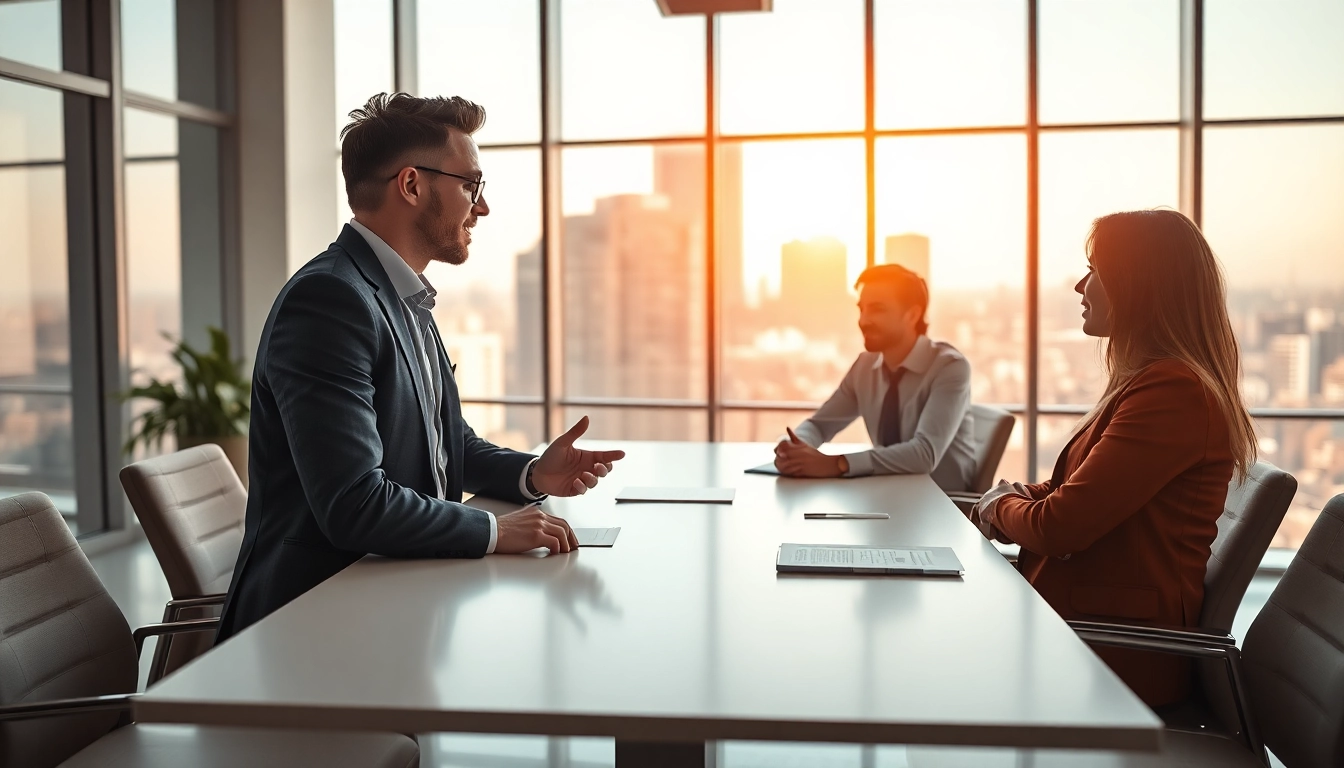 Engaging real estate discussion in a modern office showcasing properties.