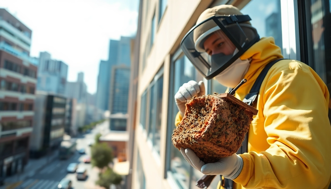 Technician performing commercial bee removal from a beehive in a city setting.