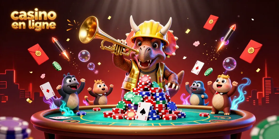 Les jeux de casino en ligne illustrés avec un triceratops et des éléments festifs.