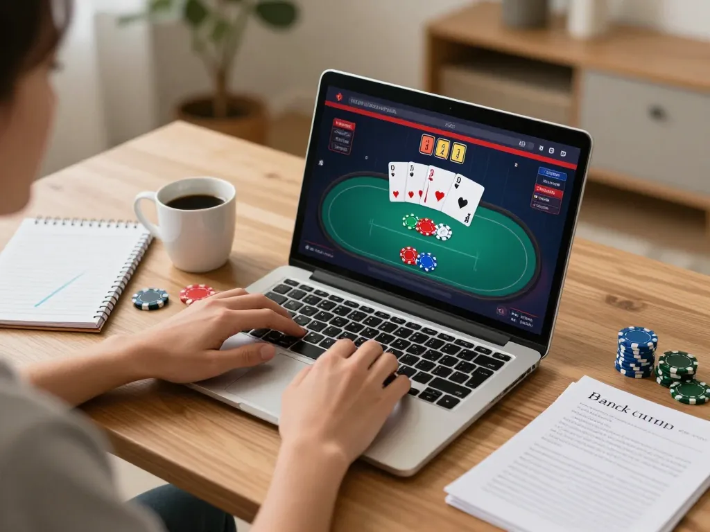 Engaged player using cm88-yu for an online poker game, showcasing strategic gaming at home.