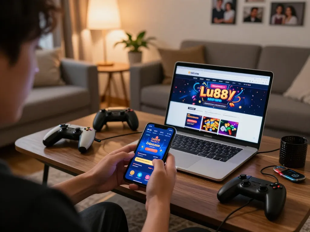 Person using smartphone for gaming on lu88.jpn.com in a cozy living room setup.