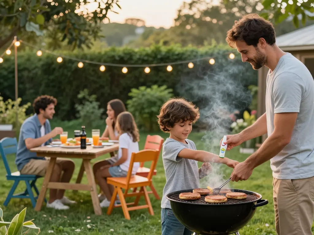 Family enjoying outdoor barbecue while using the best mosquito repellent for protection.