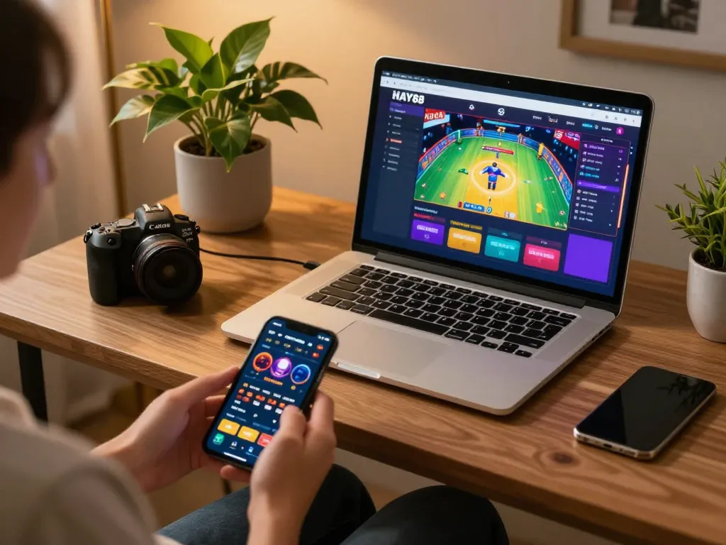 Engaging in online casino gaming with hay88x on a stylish desk setup showcasing dynamic visuals and warm ambiance