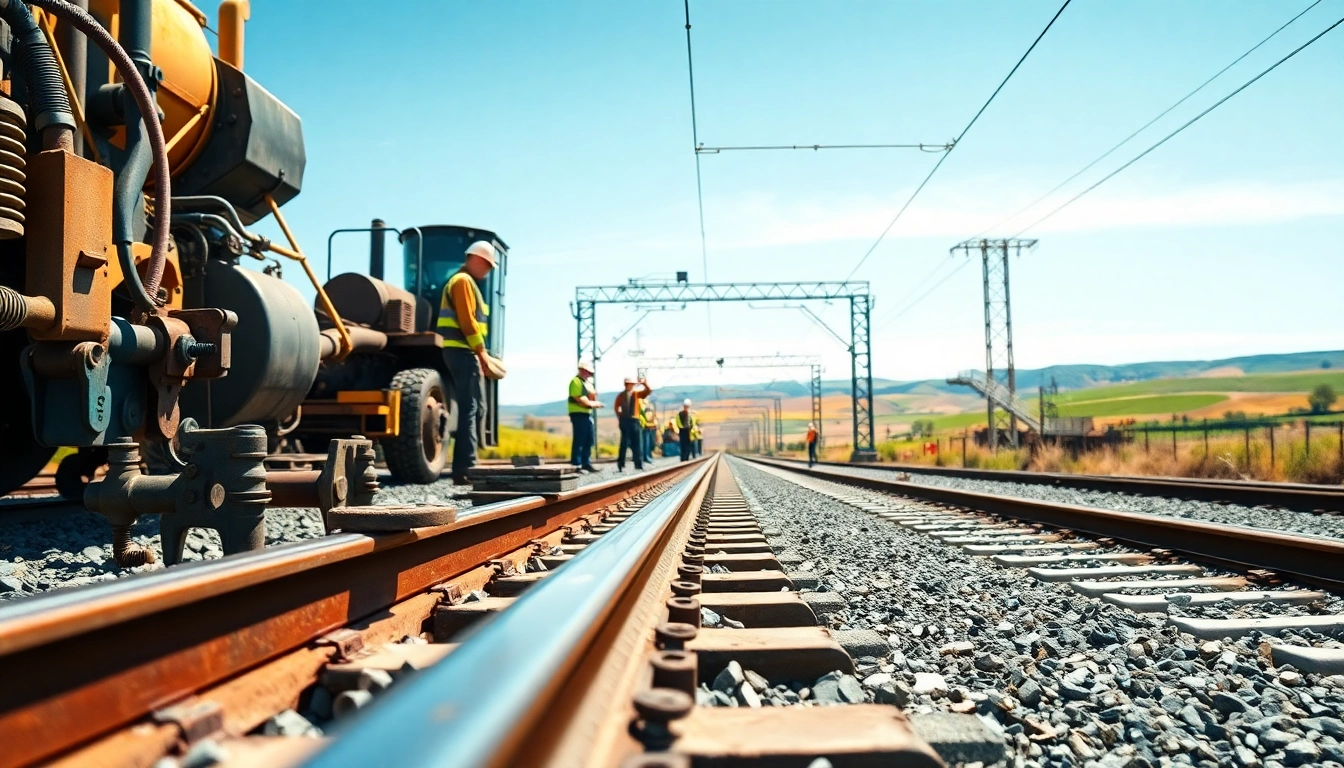 Railroad Track Construction Company team working together to lay down tracks, showcasing heavy machinery.