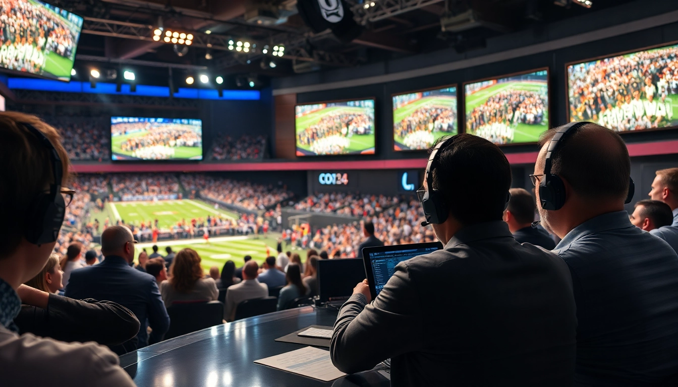 Engaging sports broadcasting studio scene with announcers and live sporting action.