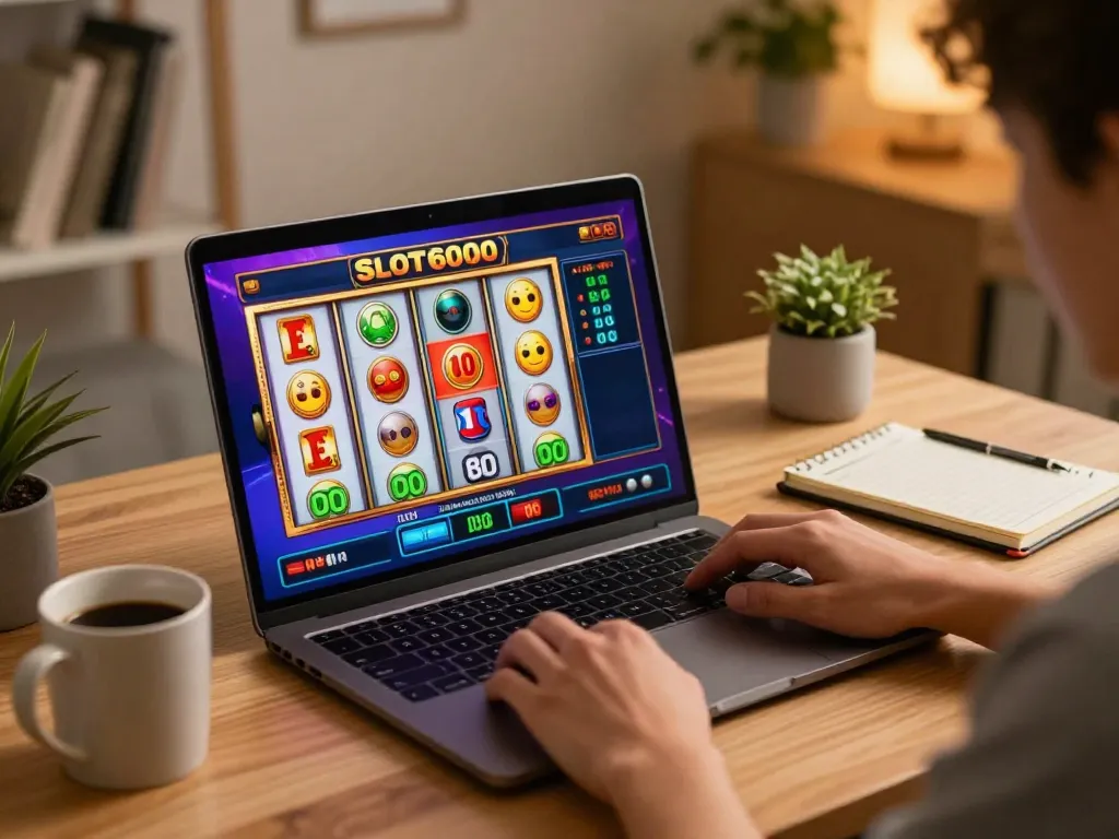 Experience thrilling wins with SLOT6000 as players spin colorful reels at home for big payouts.