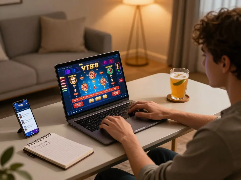 Experience exciting online gaming with vt88 on a laptop while enjoying a cozy setup at home.