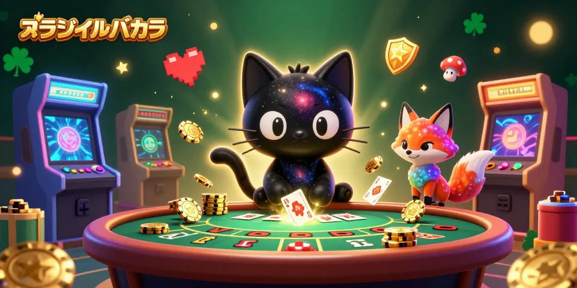 オンラインバカラで華やかな宇宙のカジノテーブルに魅了される黒い穴の猫のイラスト