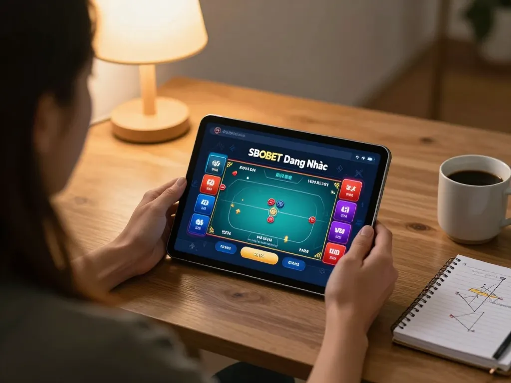 SBOBET Đăng Nhập on tablet, showcasing live poker game interface in cozy home setting