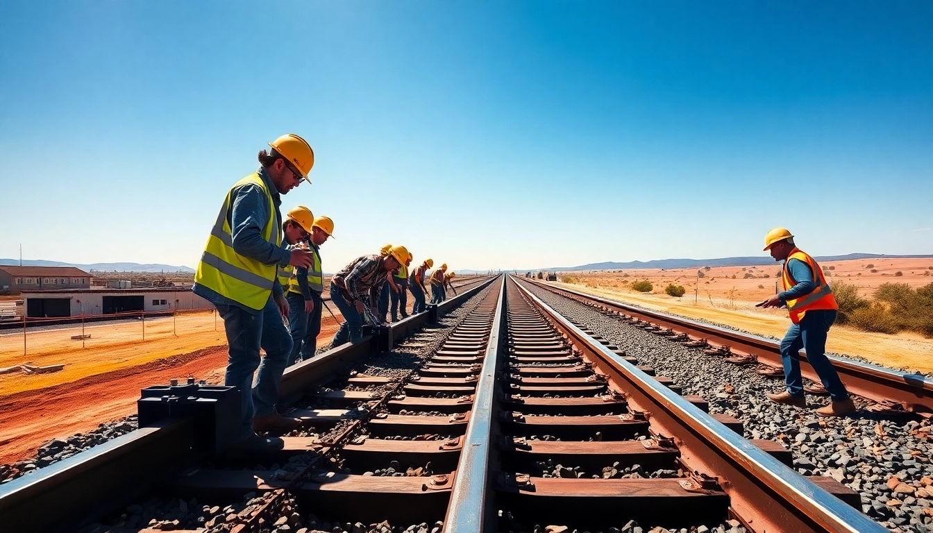 Ratilroad Track Construction Compary at work, showcasing a dedicated team laying down tracks with precision and safety.