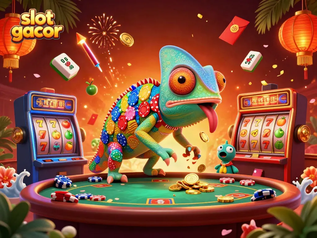 Menang jackpot slot gacor dengan gulungan slot berputar dan chameleon kasino berwarna yang menarik.