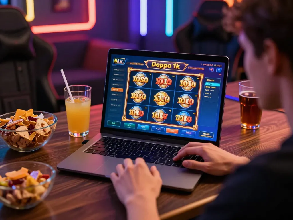 Engaging in slot depo 1k games on a laptop in a vibrant gaming setup at home.