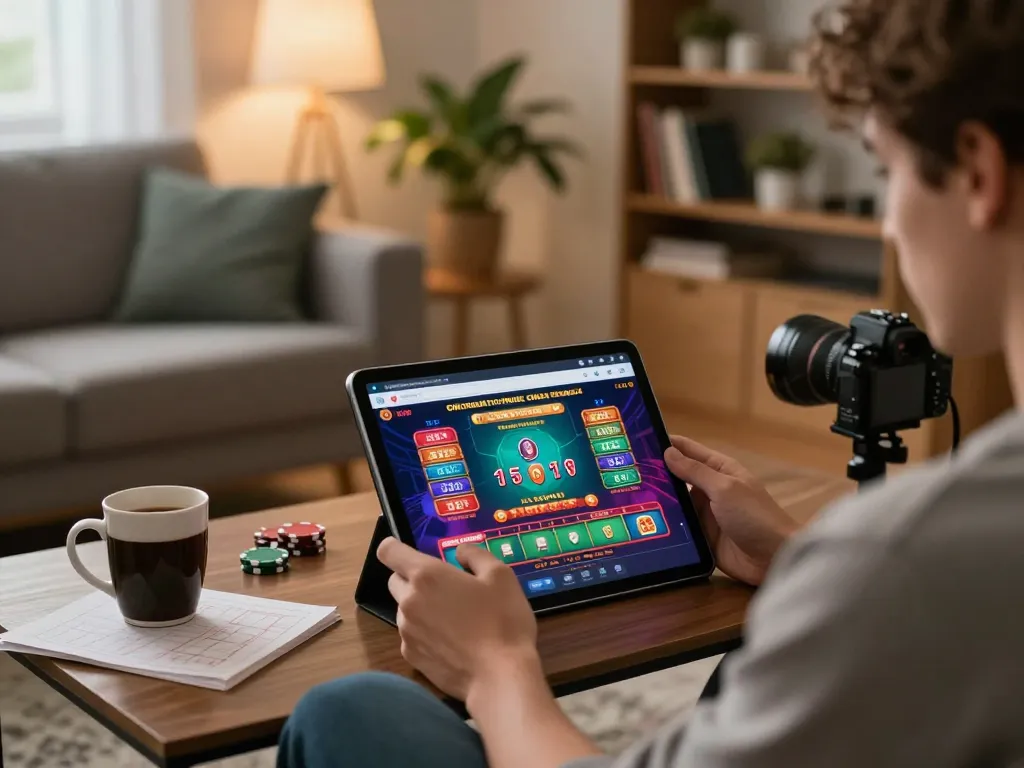 Engaging in online gambling using LOTO188 LINK MỚI on a tablet, cozy living room setting, strategic gaming.