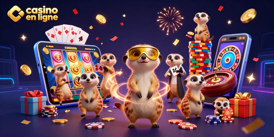 Jouer à un casino en ligne avec une illustration amusante de suricates dans un casino.